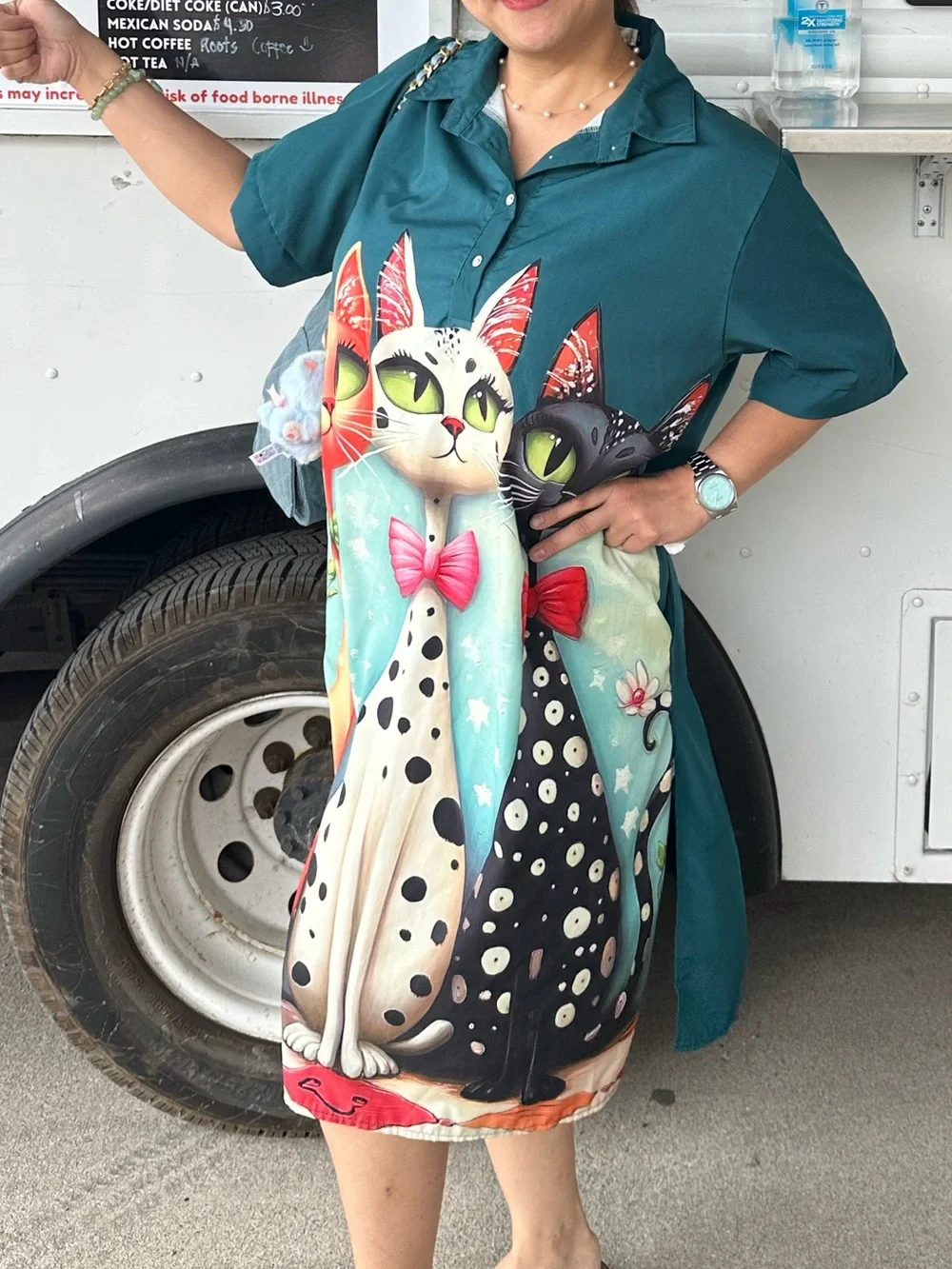 Women Teal Cat Print Dress - can fit up to 2XL